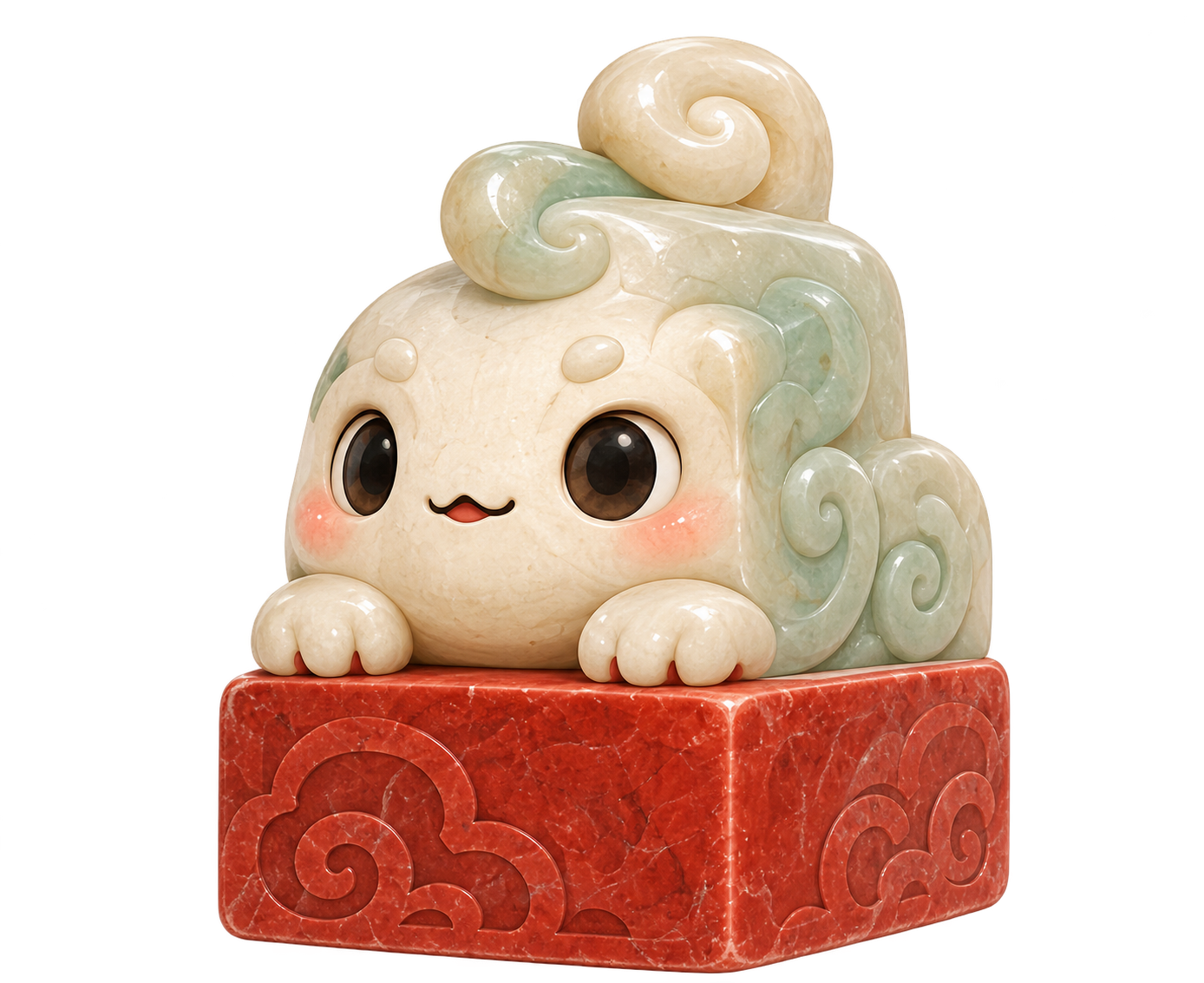 Hubu's cream-and-jade seal mascot on a cinnabar base